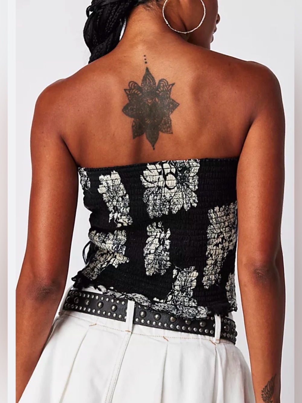 Free People Poppy Smocked Strapless Floral Tube Top - Black/White - Size Large